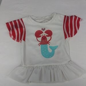 White Top with Red Striped Sleeves and Lobster Print.